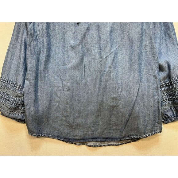 LC Lauren Conrad Women's Flowy Puff Sleeve Chambray Top Stretch Size XS Blue - Picture 12 of 13